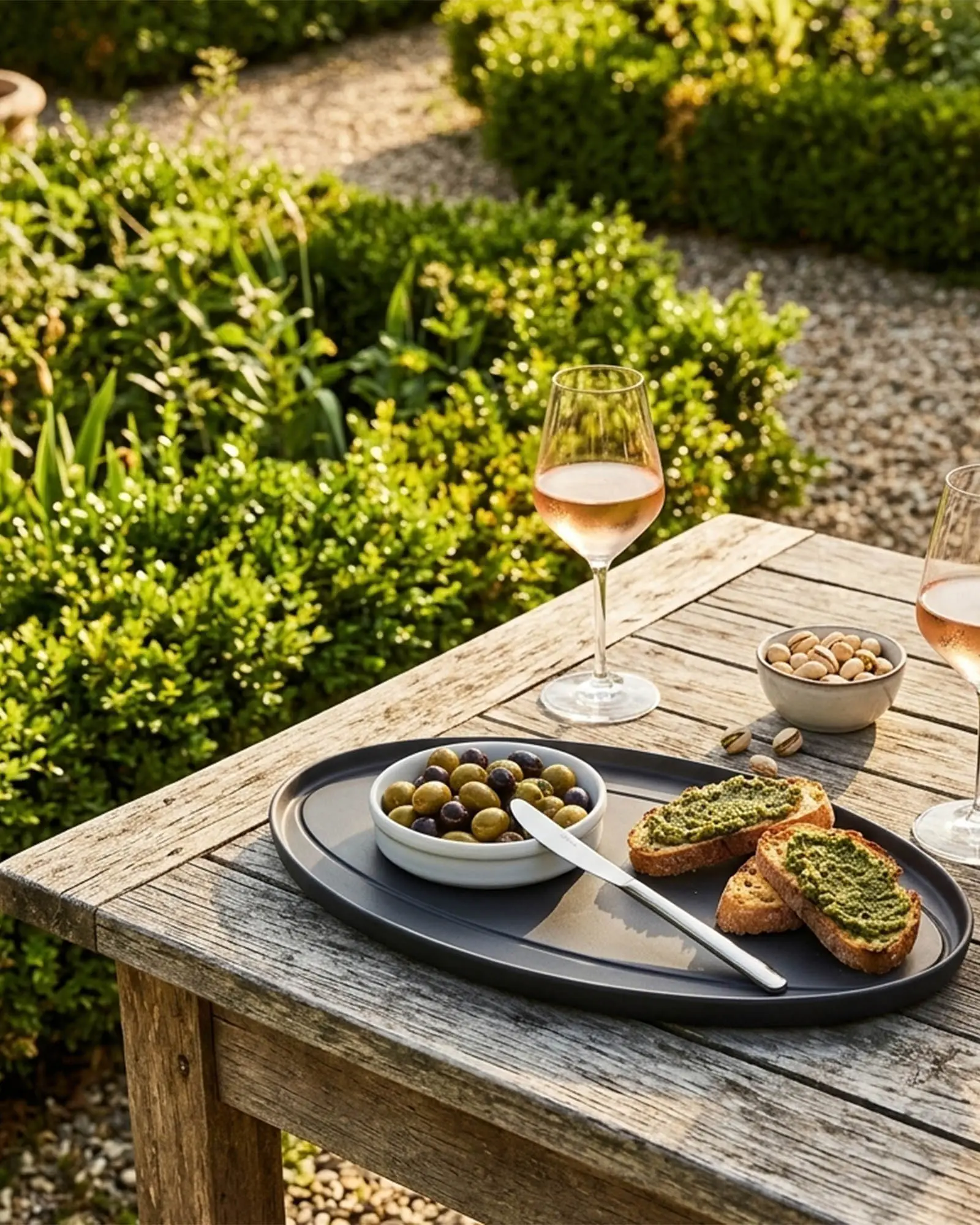 Set apero assiette ovale ceramique noire et couteau a tartiner et coupelle