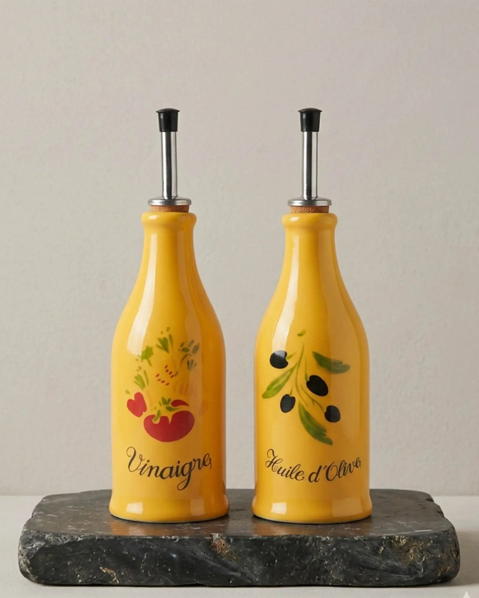 Set huile et vinaigre 25cl jaune decor provence avec bec verseur