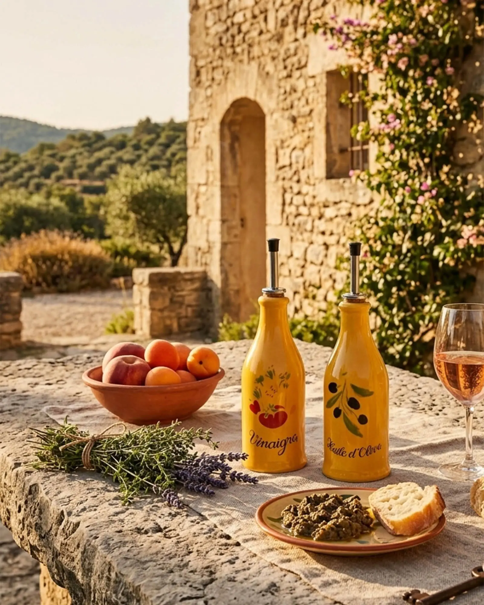 Set huile et vinaigre 25cl jaune decor provence avec bec verseur